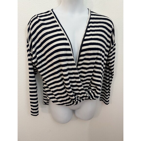 New Lovestitch Sweater Pullover Wrap Linen Rayon Navy Cream Stripe Size L Preppy - Picture 1 of 9